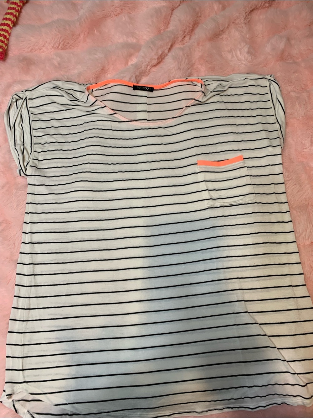 Papermoon White Striped Tee with Neon Coral Trim